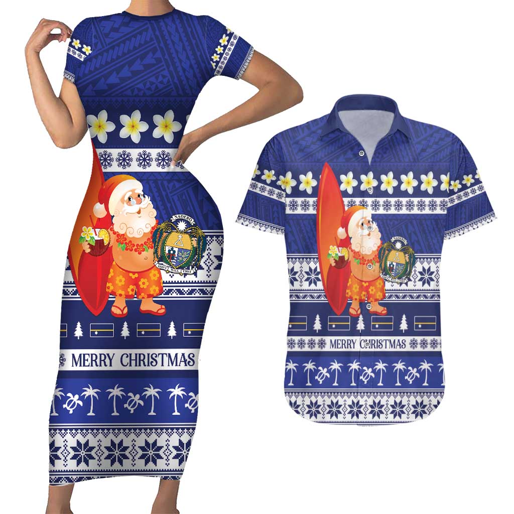 Nauru Christmas Couples Matching Short Sleeve Bodycon Dress and Hawaiian Shirt Cute Santa Coat Of Arms Merry Xmas - Polynesian Pride