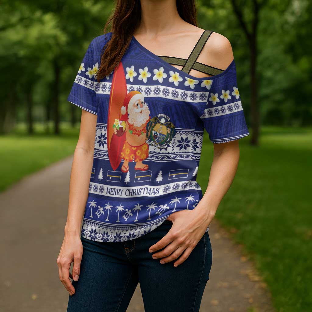 Nauru Christmas Cross Shoulder Shirt Cute Santa Coat Of Arms Merry Xmas - Polynesian Pride