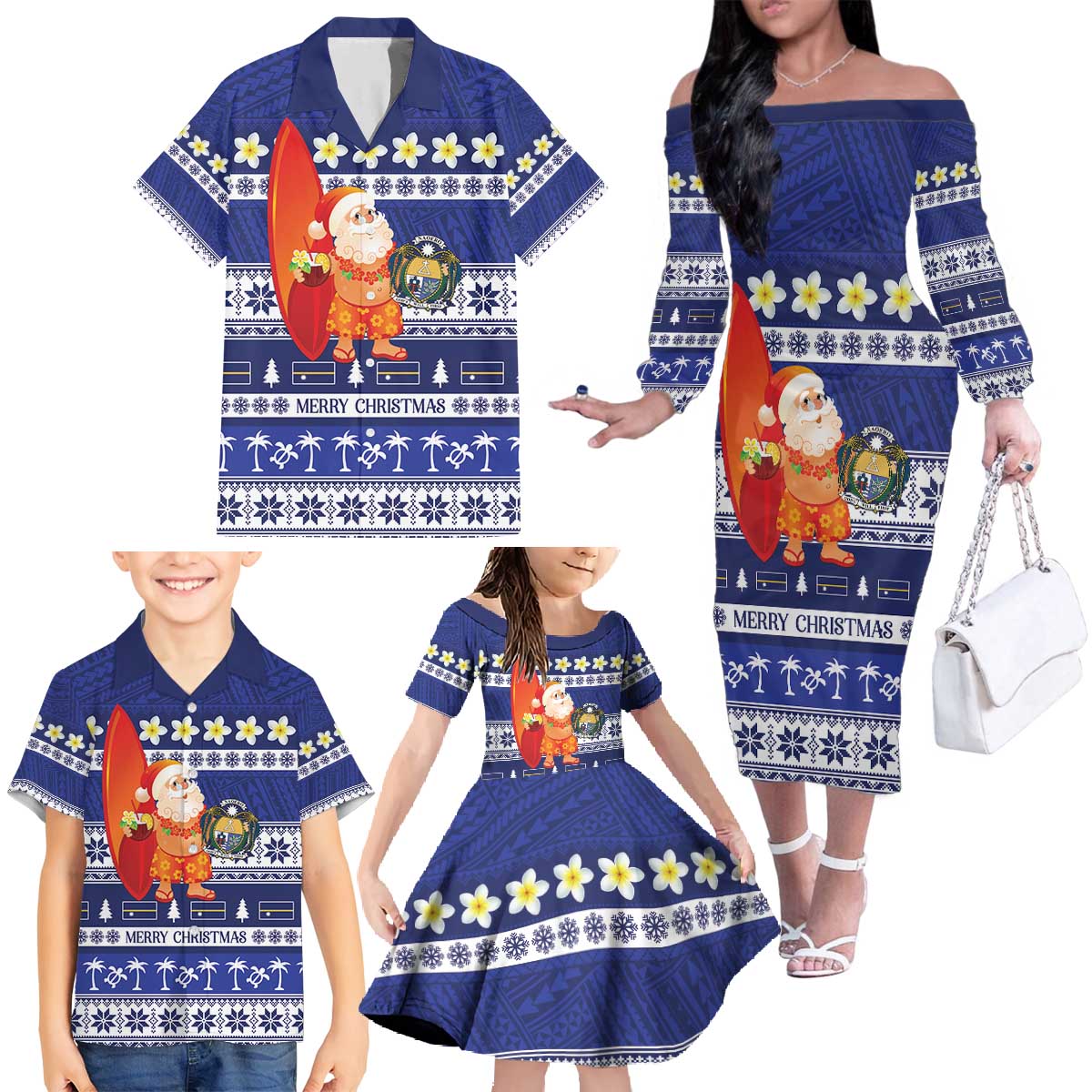 Nauru Christmas Family Matching Off The Shoulder Long Sleeve Dress and Hawaiian Shirt Cute Santa Coat Of Arms Merry Xmas - Polynesian Pride