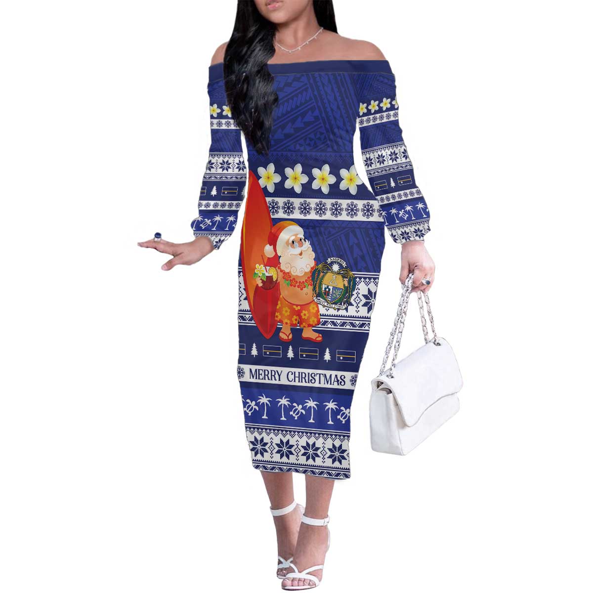 Nauru Christmas Family Matching Off The Shoulder Long Sleeve Dress and Hawaiian Shirt Cute Santa Coat Of Arms Merry Xmas - Polynesian Pride