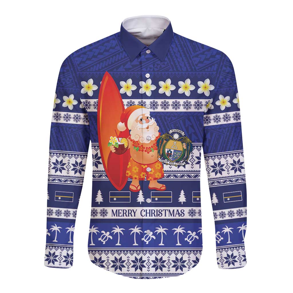 Nauru Christmas Long Sleeve Button Shirt Cute Santa Coat Of Arms Merry Xmas - Polynesian Pride