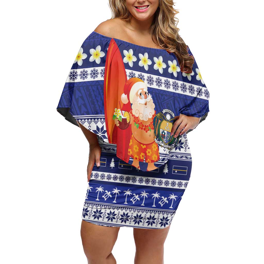 Nauru Christmas Off Shoulder Short Dress Cute Santa Coat Of Arms Merry Xmas - Polynesian Pride