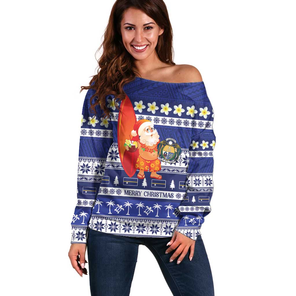 Nauru Christmas Off Shoulder Sweater Cute Santa Coat Of Arms Merry Xmas - Polynesian Pride