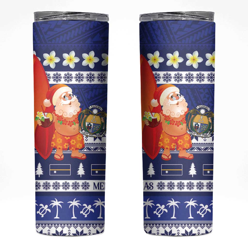 Nauru Christmas Skinny Tumbler Cute Santa Coat Of Arms Merry Xmas - Polynesian Pride