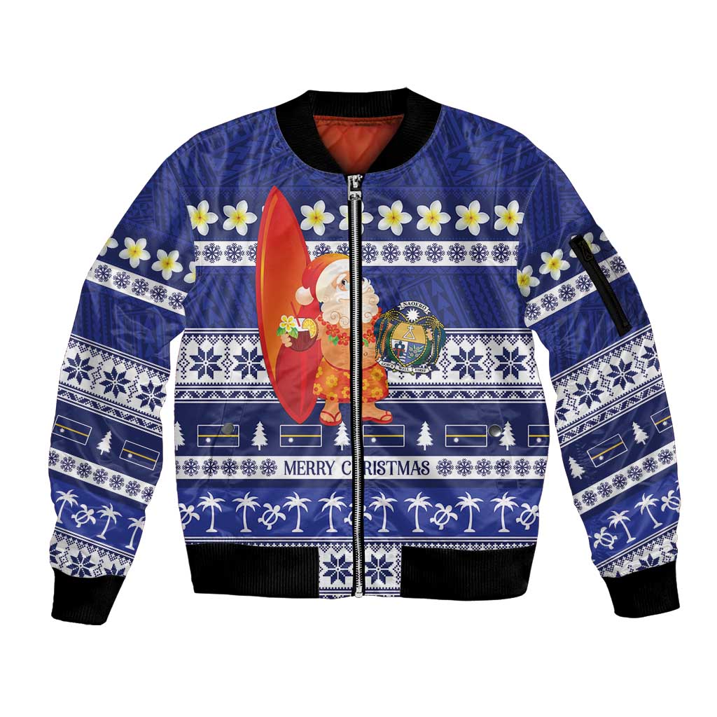 Nauru Christmas Sleeve Zip Bomber Jacket Cute Santa Coat Of Arms Merry Xmas - Polynesian Pride