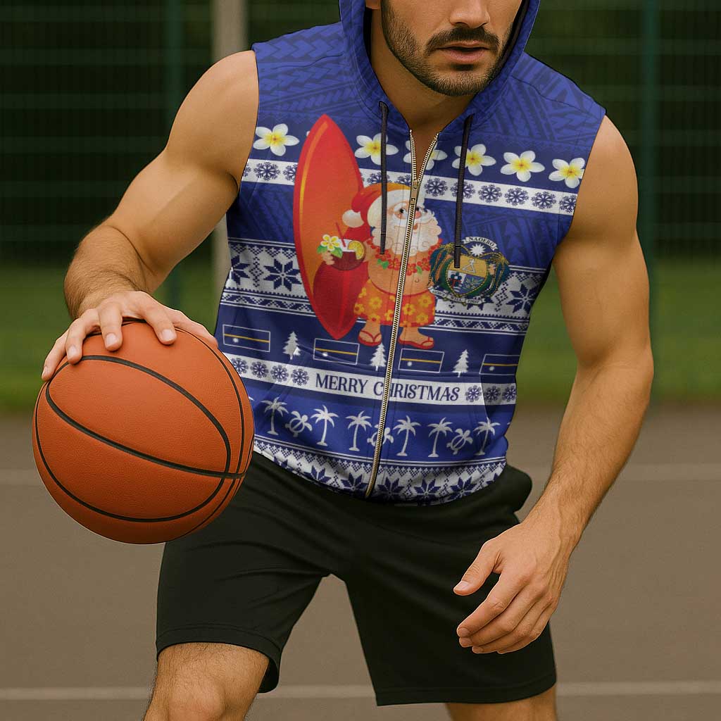 Nauru Christmas Sleeveless Zip Hoodie Cute Santa Coat Of Arms Merry Xmas - Polynesian Pride