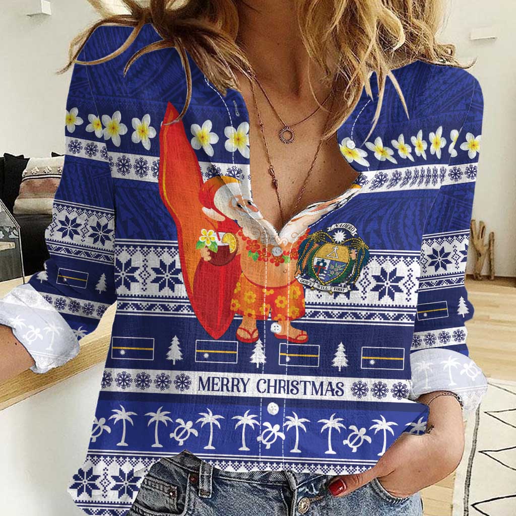 Nauru Christmas Women Casual Shirt Cute Santa Coat Of Arms Merry Xmas - Polynesian Pride