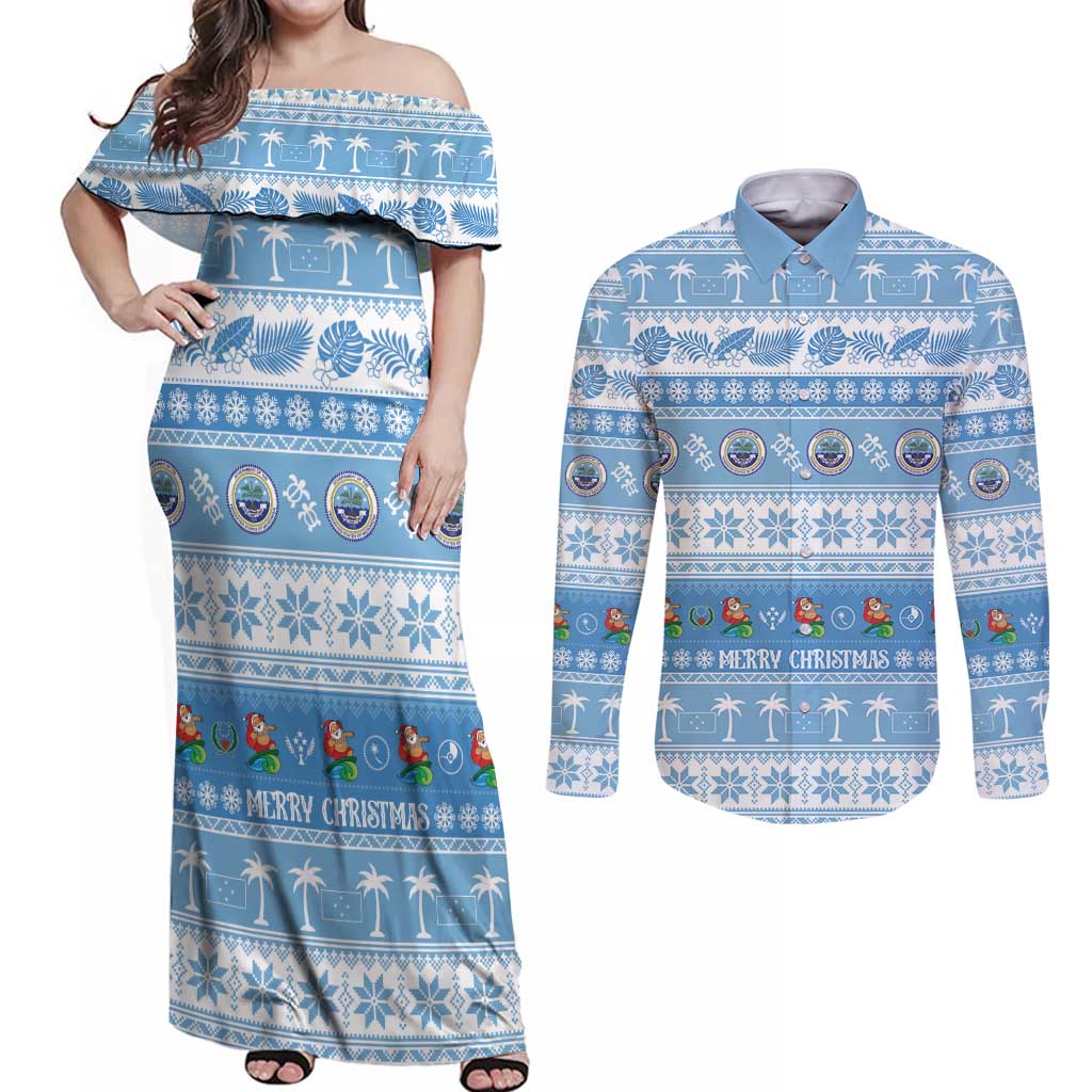 FSM Christmas Couples Matching Off Shoulder Maxi Dress and Long Sleeve Button Shirt Merry Xmas Federated States of Micronesia - Polynesian Pride