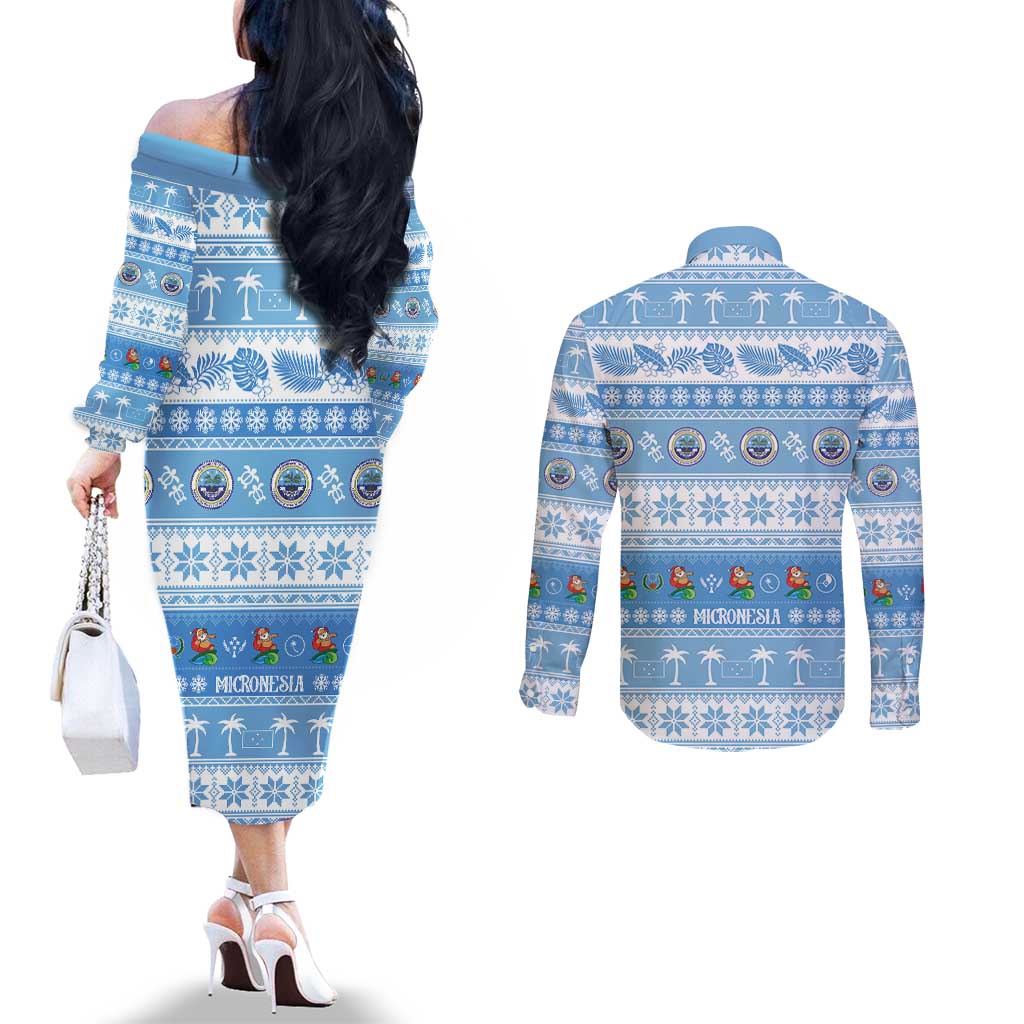 FSM Christmas Couples Matching Off The Shoulder Long Sleeve Dress and Long Sleeve Button Shirt Merry Xmas Federated States of Micronesia - Polynesian Pride