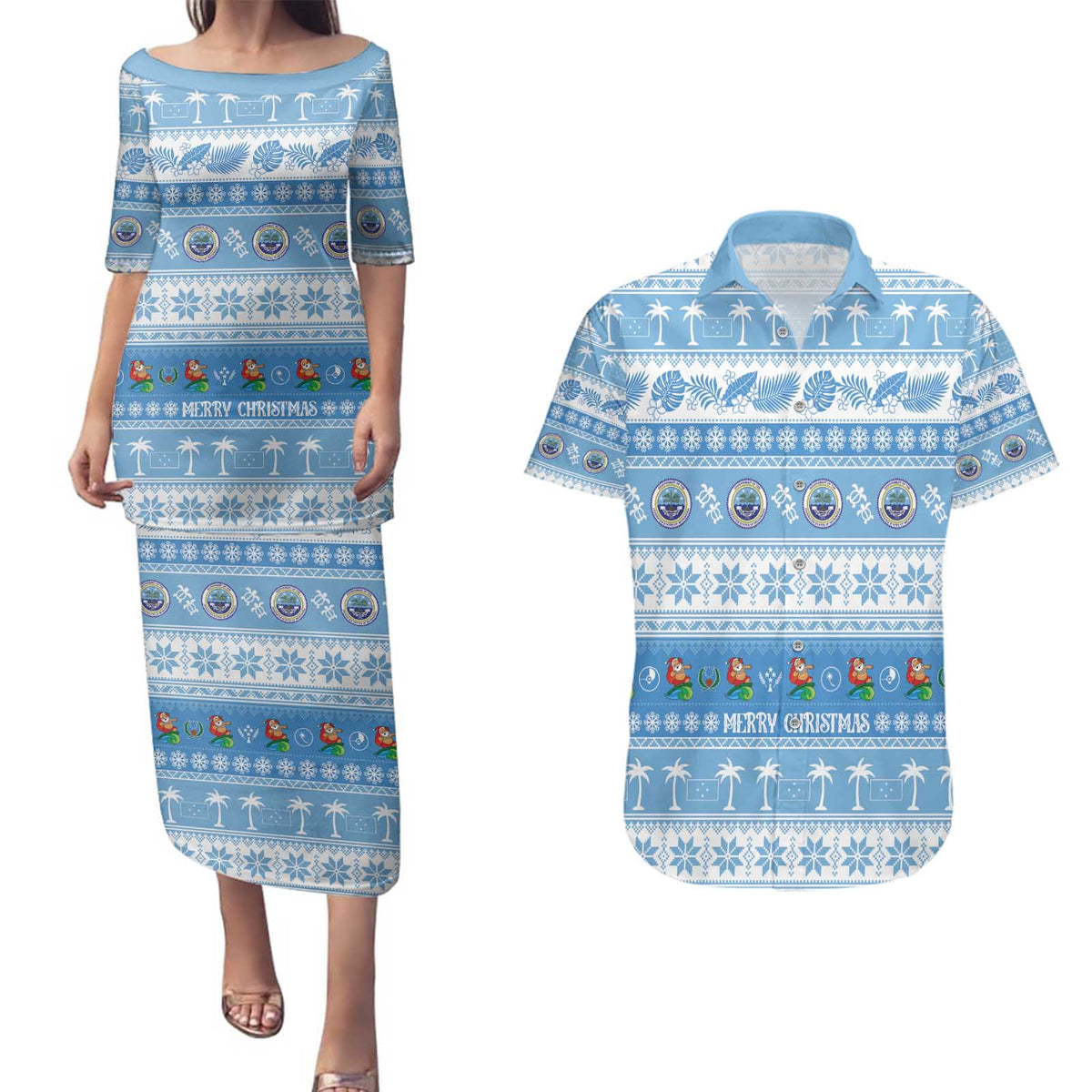 FSM Christmas Couples Matching Puletasi and Hawaiian Shirt Merry Xmas Federated States of Micronesia - Polynesian Pride