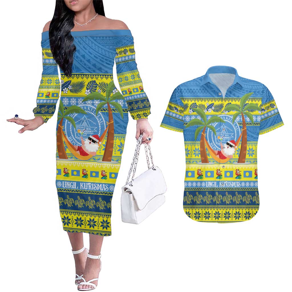 Palau Christmas Couples Matching Off The Shoulder Long Sleeve Dress and Hawaiian Shirt Chilling Santa Ungil Kurismas - Polynesian Pride