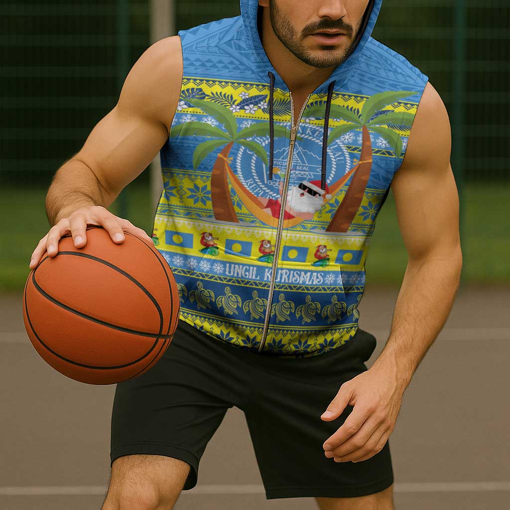 Palau Christmas Sleeveless Zip Hoodie Chilling Santa Ungil Kurismas - Polynesian Pride