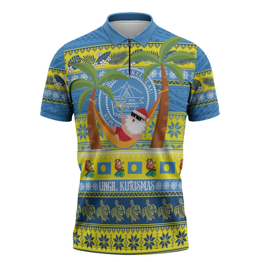 Palau Christmas Zipper Polo Shirt Chilling Santa Ungil Kurismas - Polynesian Pride