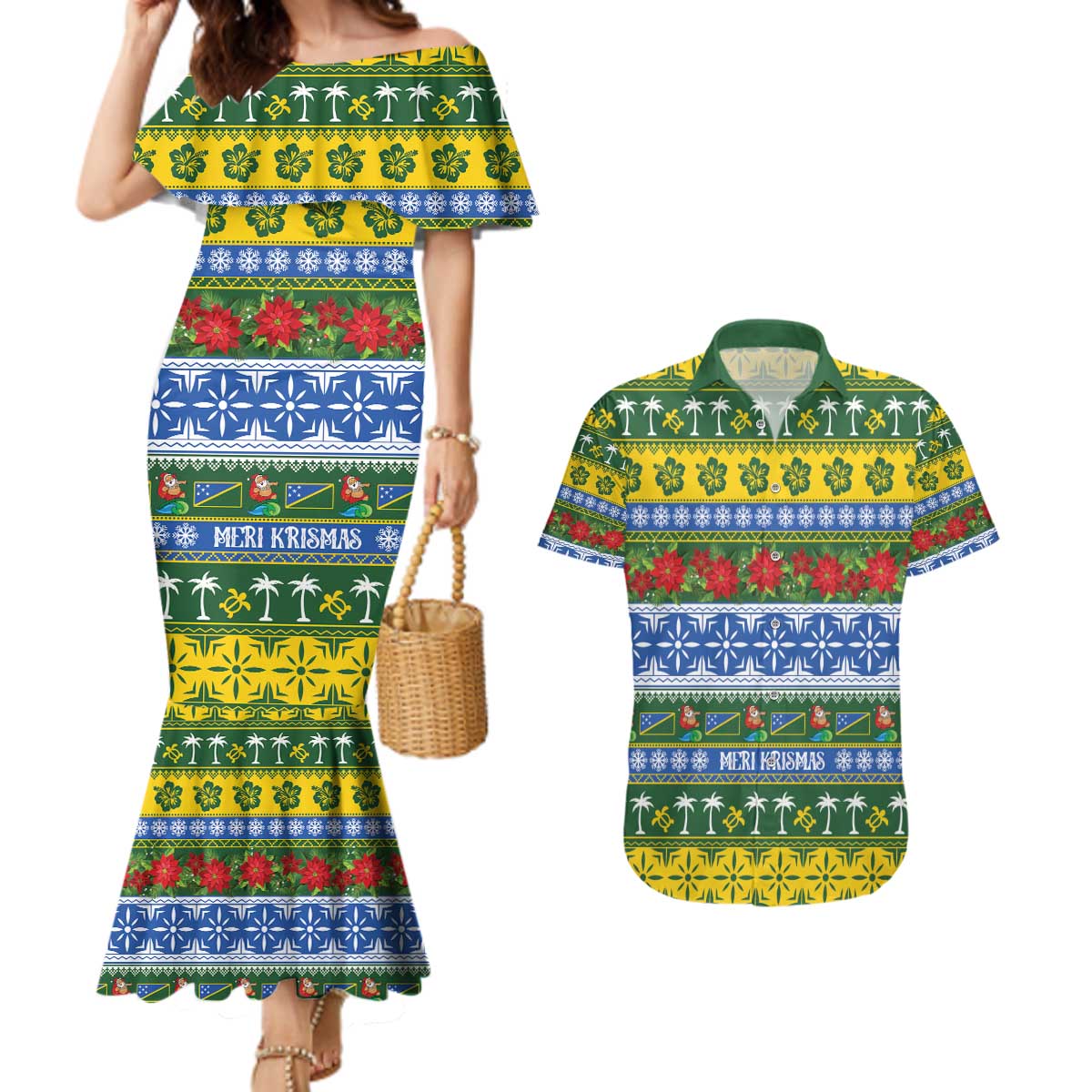 Solomon Islands Christmas Couples Matching Mermaid Dress and Hawaiian Shirt The Solomons Melanesian Meri Krismas - Polynesian Pride