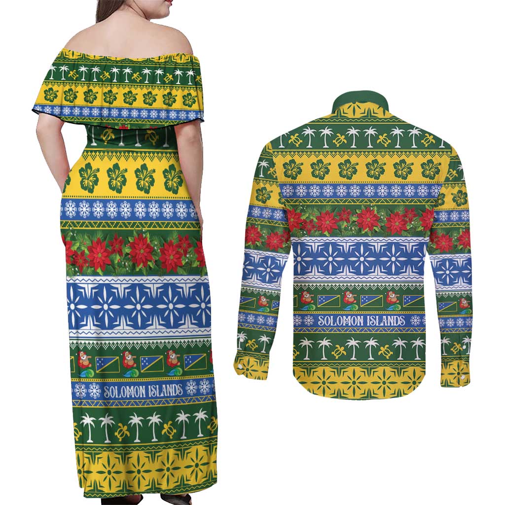 Solomon Islands Christmas Couples Matching Off Shoulder Maxi Dress and Long Sleeve Button Shirt The Solomons Melanesian Meri Krismas - Polynesian Pride