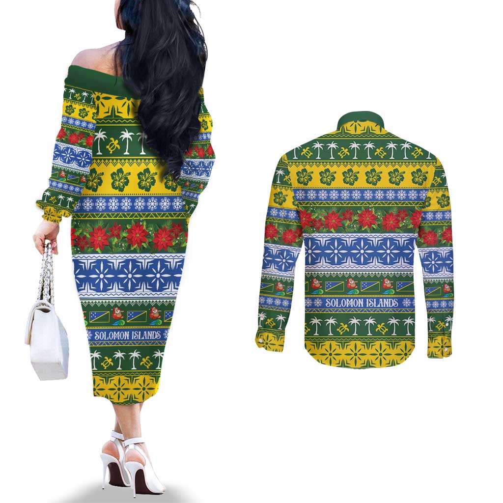 Solomon Islands Christmas Couples Matching Off The Shoulder Long Sleeve Dress and Long Sleeve Button Shirt The Solomons Melanesian Meri Krismas - Polynesian Pride