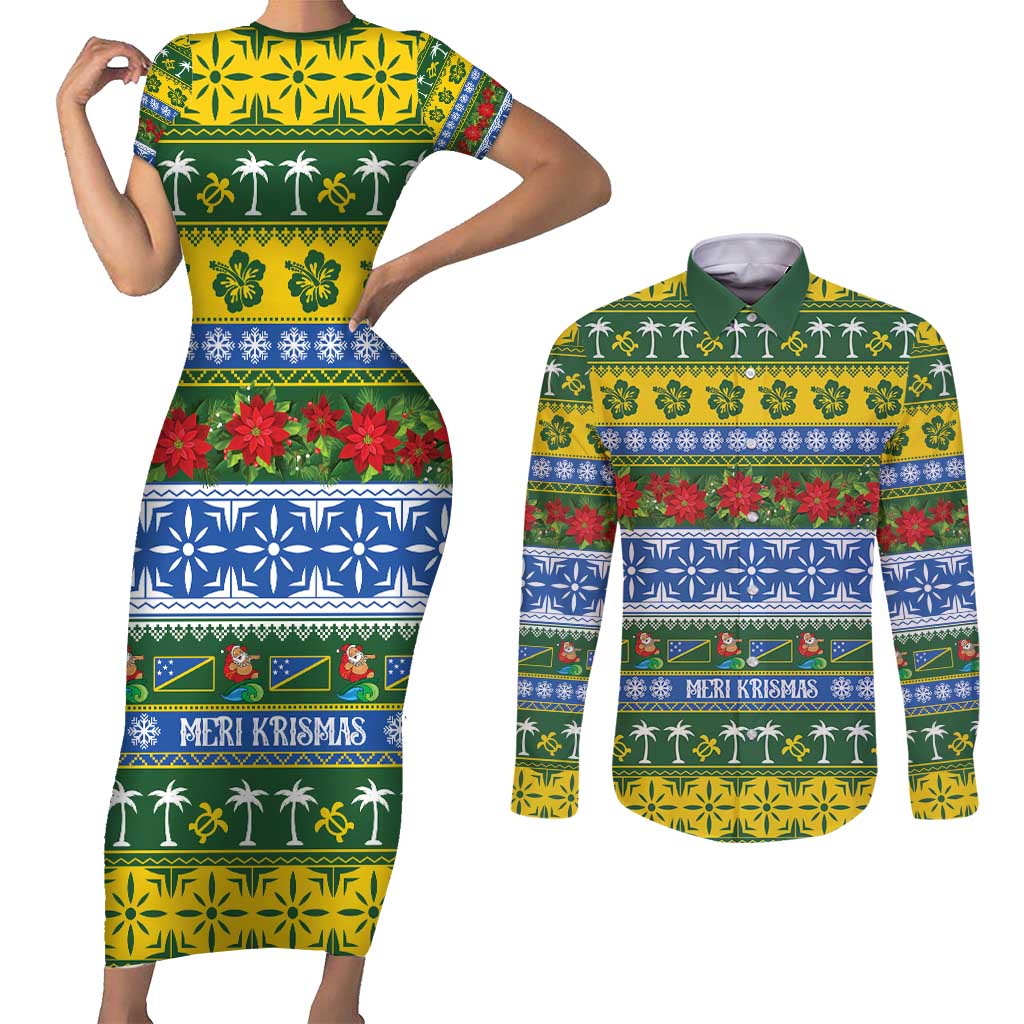 Solomon Islands Christmas Couples Matching Short Sleeve Bodycon Dress and Long Sleeve Button Shirt The Solomons Melanesian Meri Krismas - Polynesian Pride