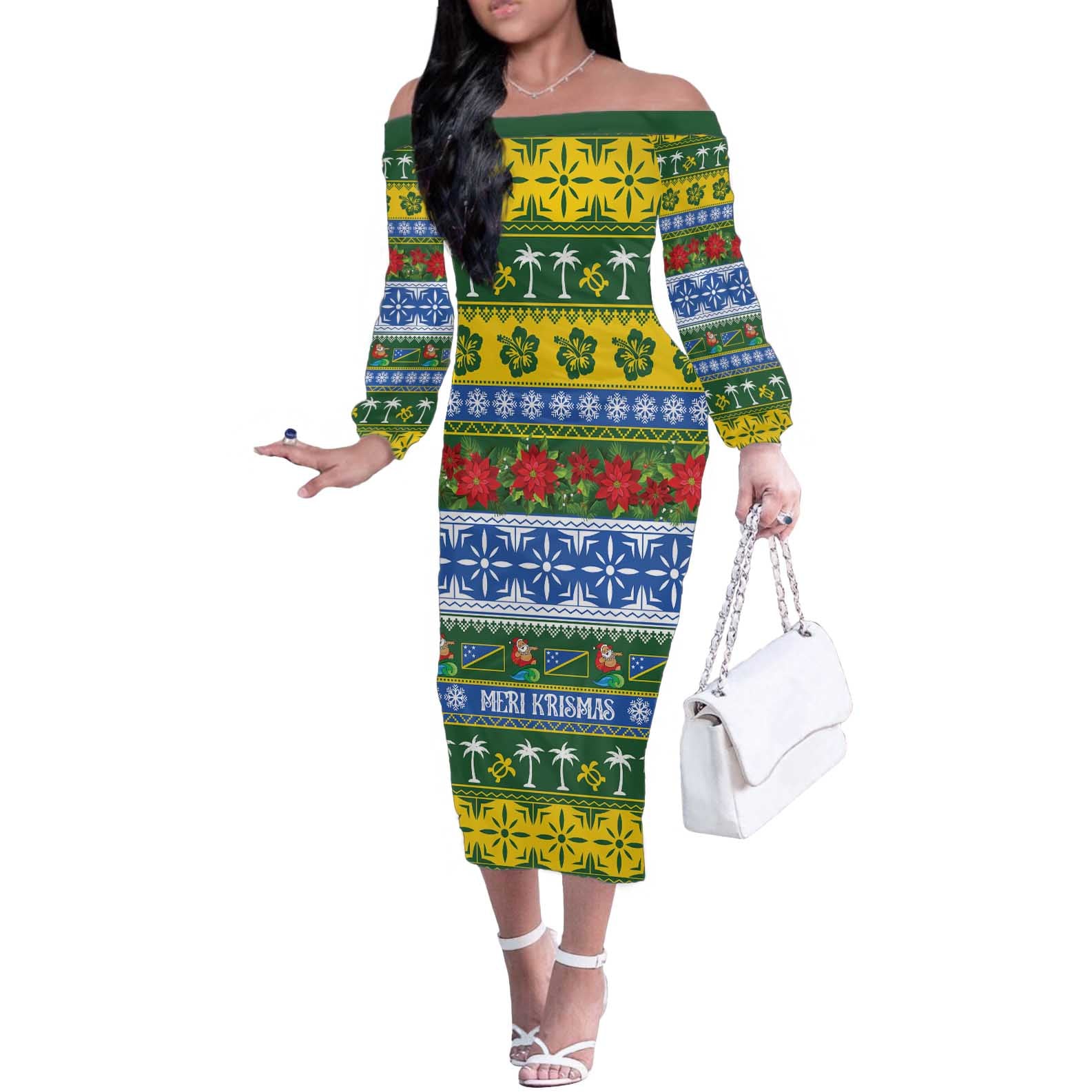 Solomon Islands Christmas Off The Shoulder Long Sleeve Dress The Solomons Melanesian Meri Krismas - Polynesian Pride