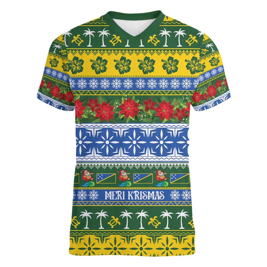 Solomon Islands Christmas Women V-Neck T-Shirt The Solomons Melanesian Meri Krismas - Polynesian Pride