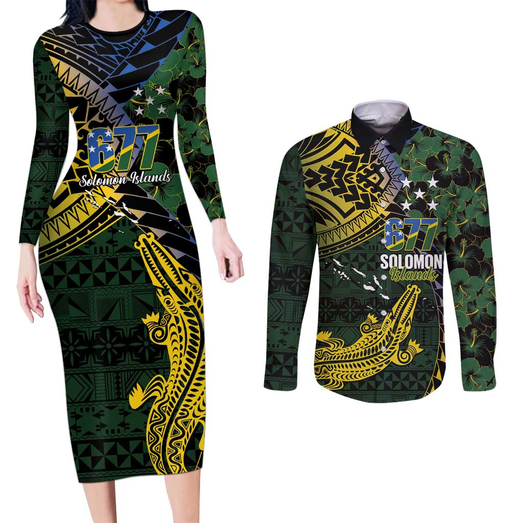 Solomon Islands Couples Matching Long Sleeve Bodycon Dress and Long Sleeve Button Shirt 677 Proud Crocodile Melanesian Pattern - Polynesian Pride