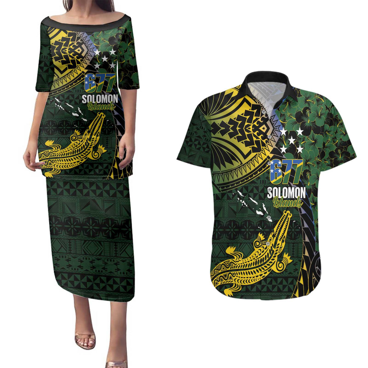 Solomon Islands Couples Matching Puletasi and Hawaiian Shirt 677 Proud Crocodile Melanesian Pattern - Polynesian Pride