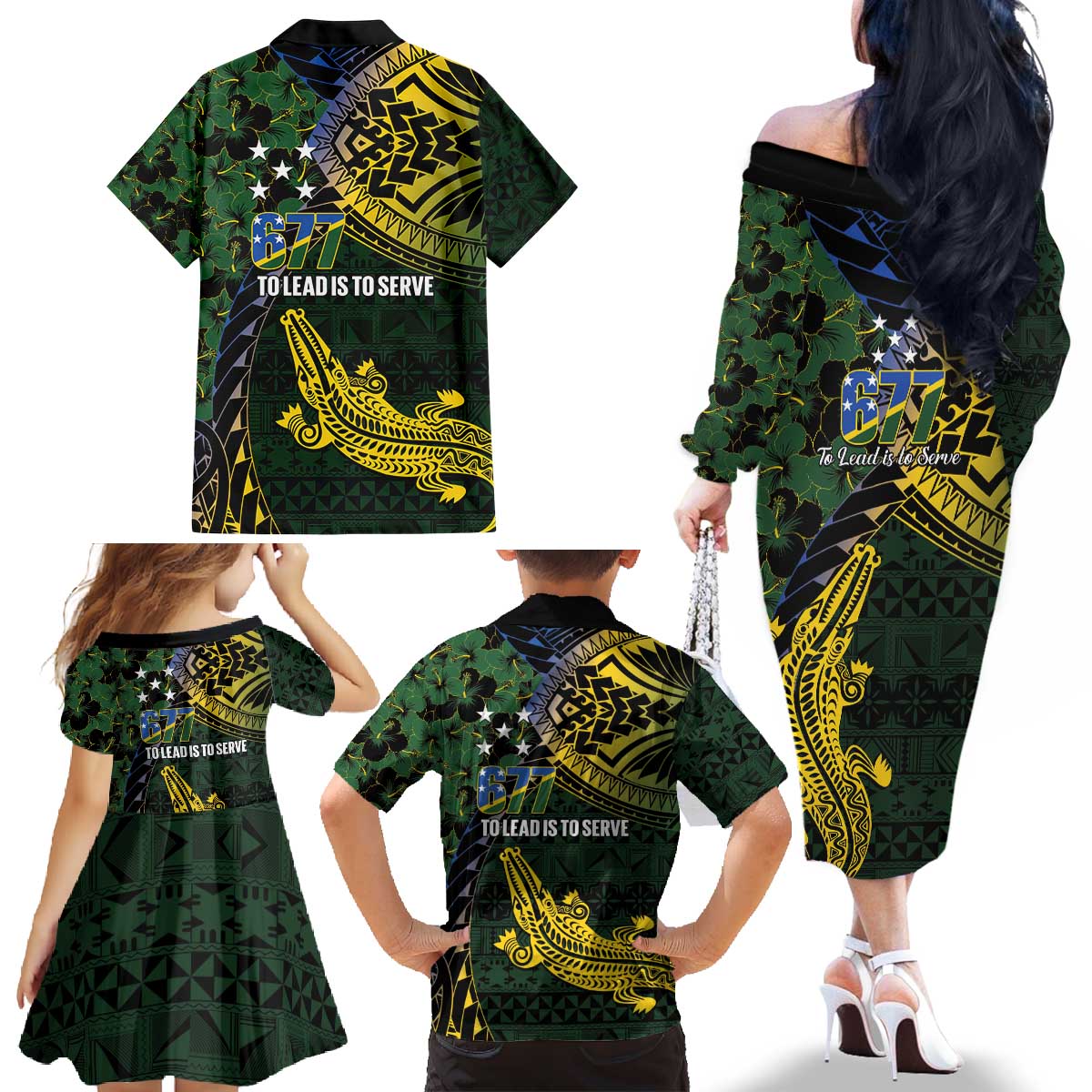 Solomon Islands Family Matching Off The Shoulder Long Sleeve Dress and Hawaiian Shirt 677 Proud Crocodile Melanesian Pattern - Polynesian Pride