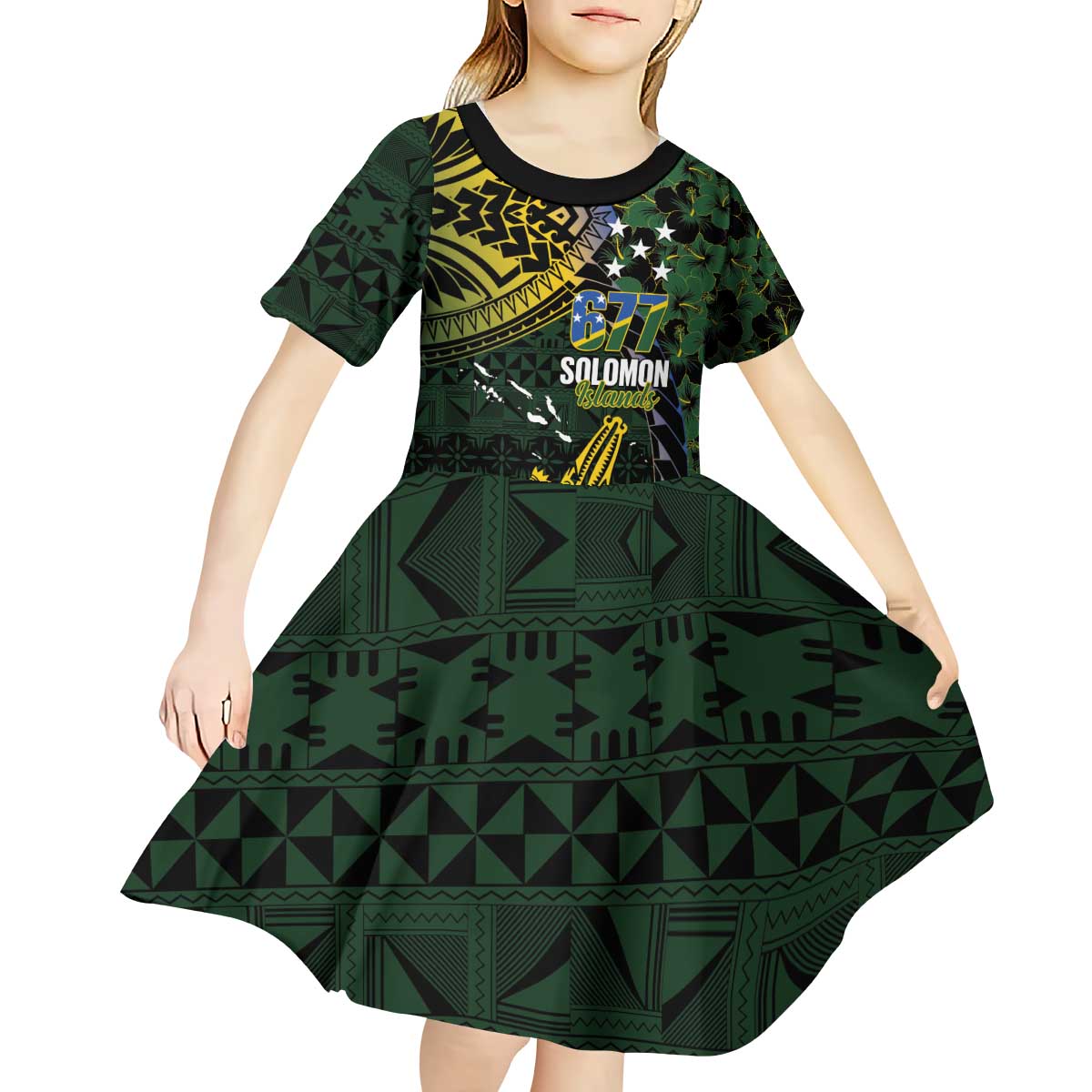 Solomon Islands Kid Short Sleeve Dress 677 Proud Crocodile Melanesian Pattern - Polynesian Pride