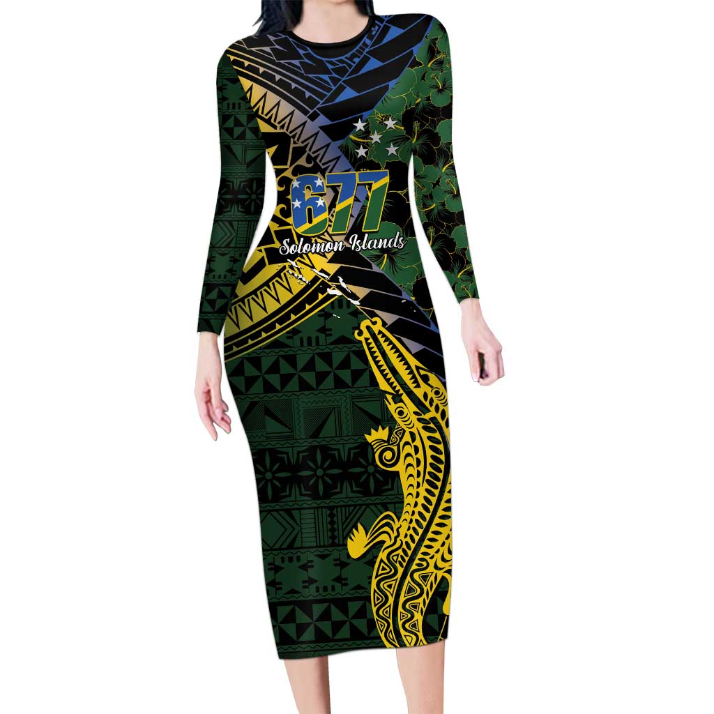 Solomon Islands Long Sleeve Bodycon Dress 677 Proud Crocodile Melanesian Pattern - Polynesian Pride