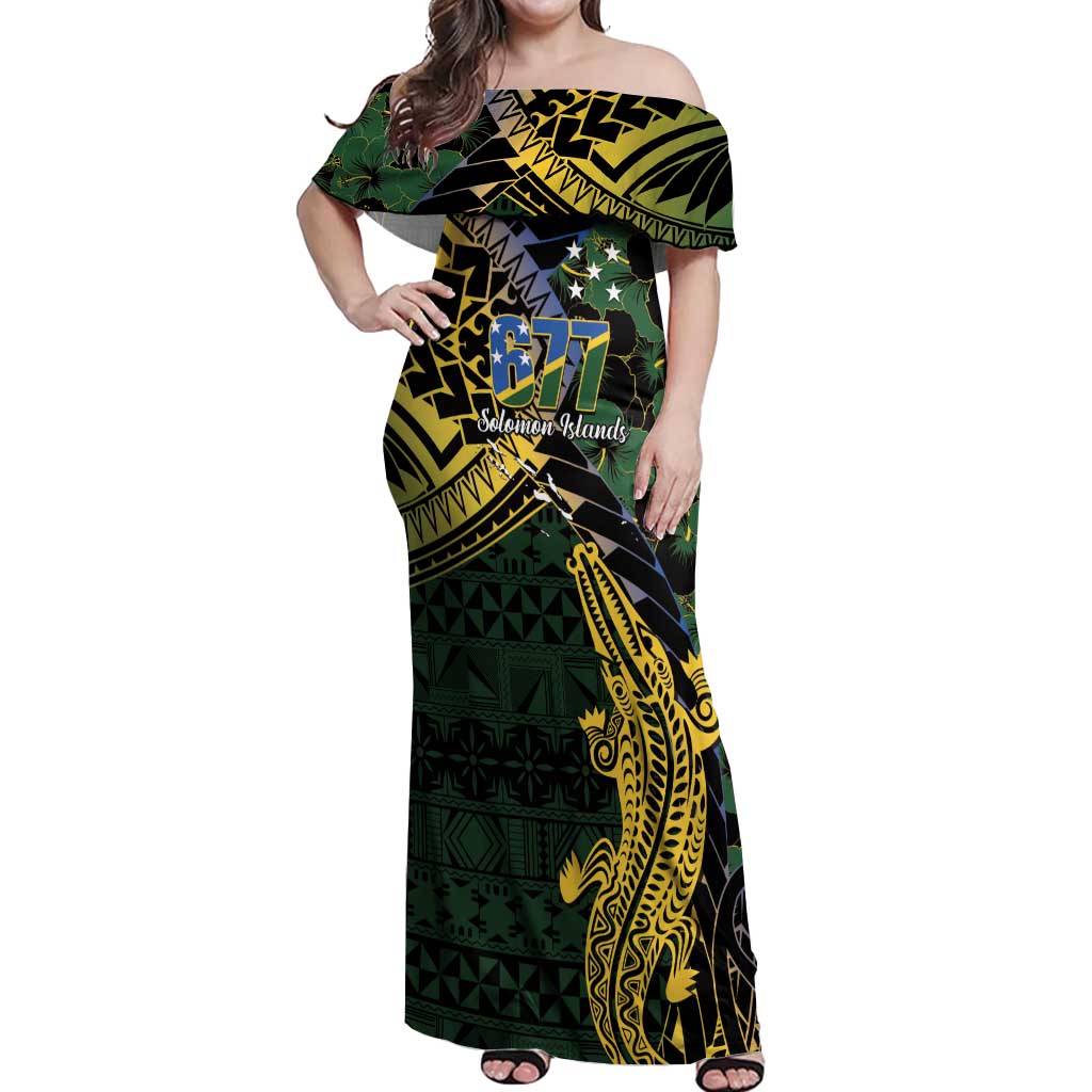 Solomon Islands Off Shoulder Maxi Dress 677 Proud Crocodile Melanesian Pattern - Polynesian Pride