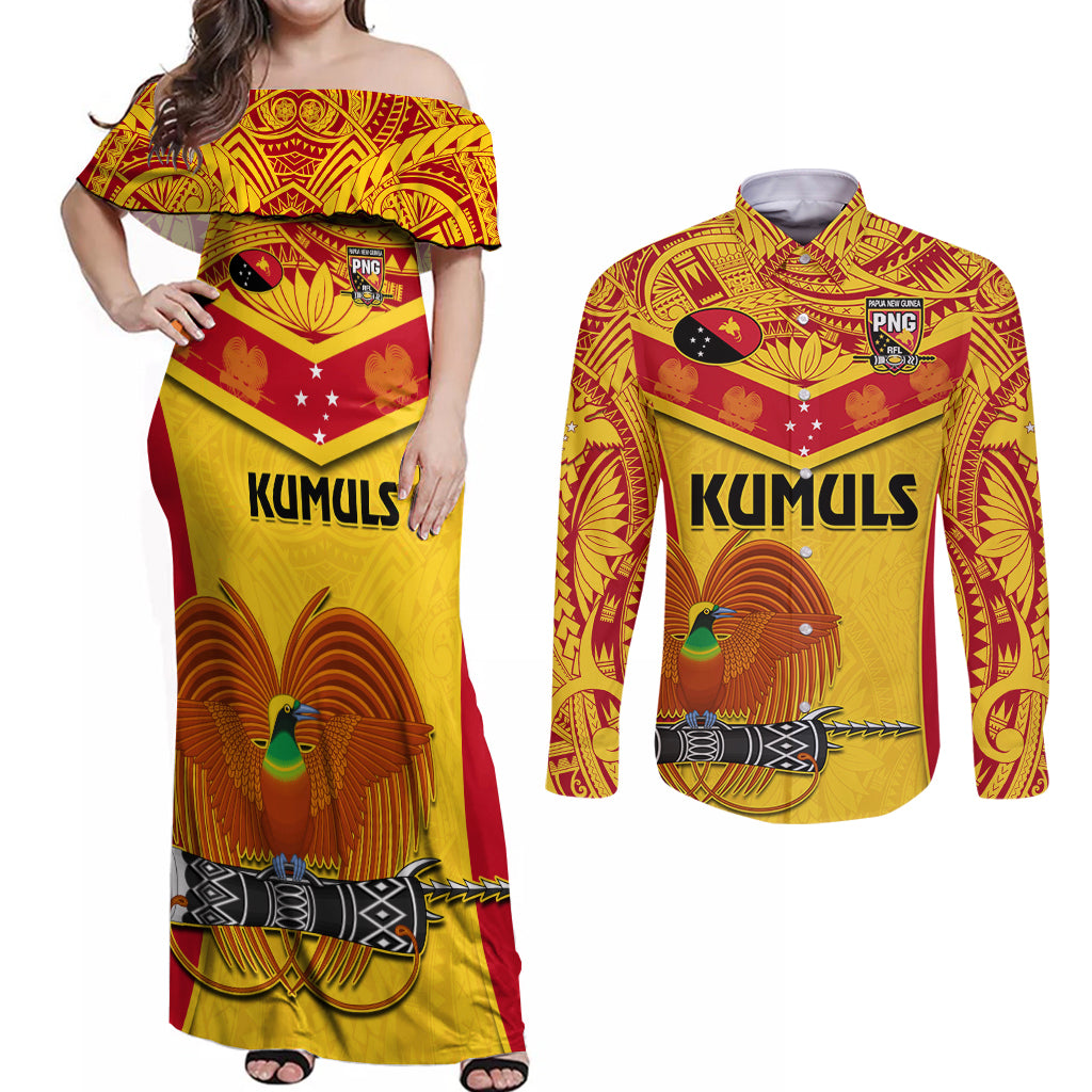 Custom Papua New Guinea Rugby Couples Matching Off Shoulder Maxi Dress and Long Sleeve Button Shirt 2023 Go Kumuls Pacific Dynamic Style LT14 Yellow - Polynesian Pride
