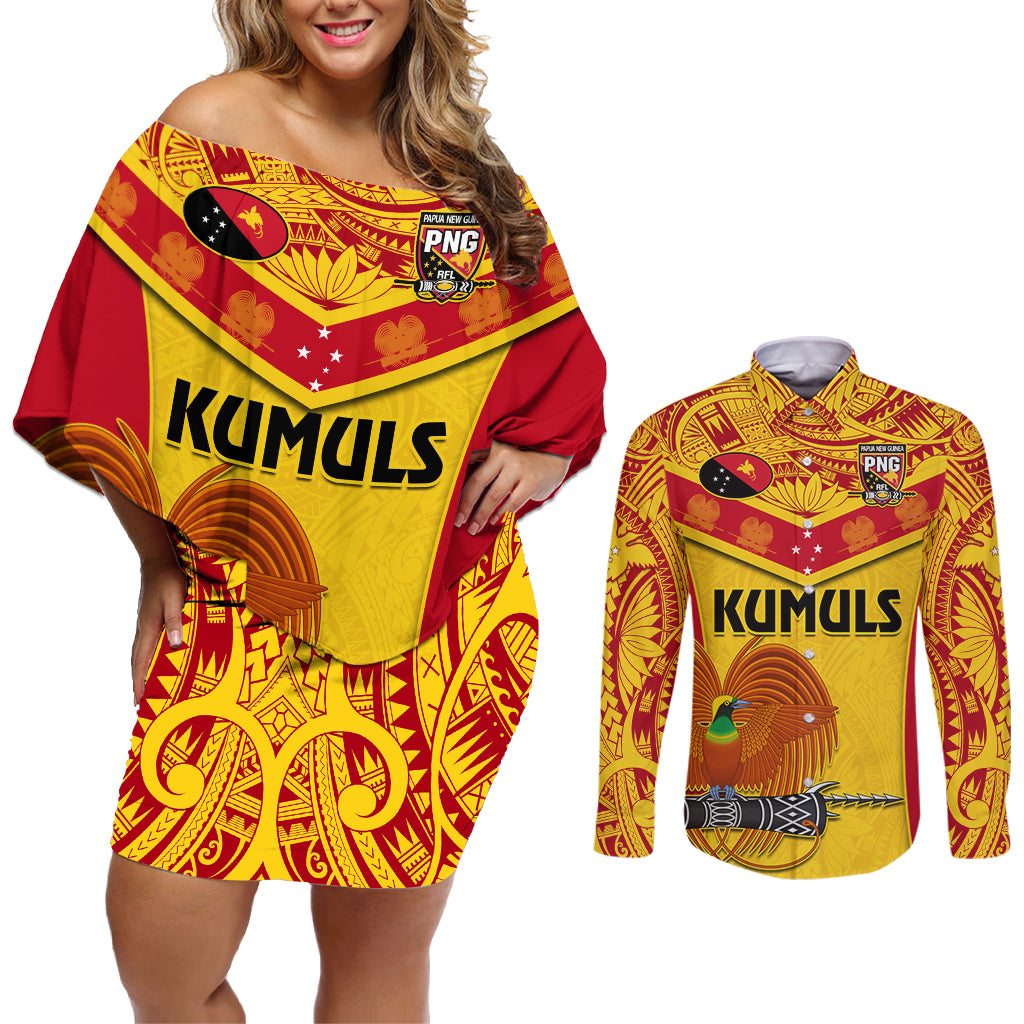 Custom Papua New Guinea Rugby Couples Matching Off Shoulder Short Dress and Long Sleeve Button Shirt 2023 Go Kumuls Pacific Dynamic Style LT14 Yellow - Polynesian Pride