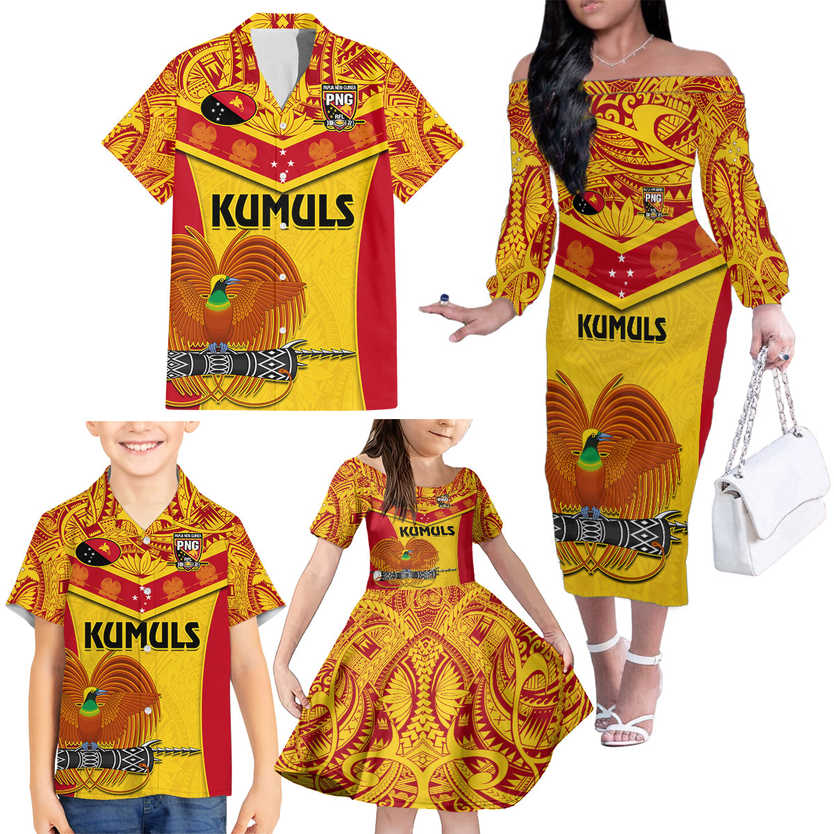 Custom Papua New Guinea Rugby Family Matching Off Shoulder Long Sleeve Dress and Hawaiian Shirt 2023 Go Kumuls Pacific Dynamic Style LT14 - Polynesian Pride
