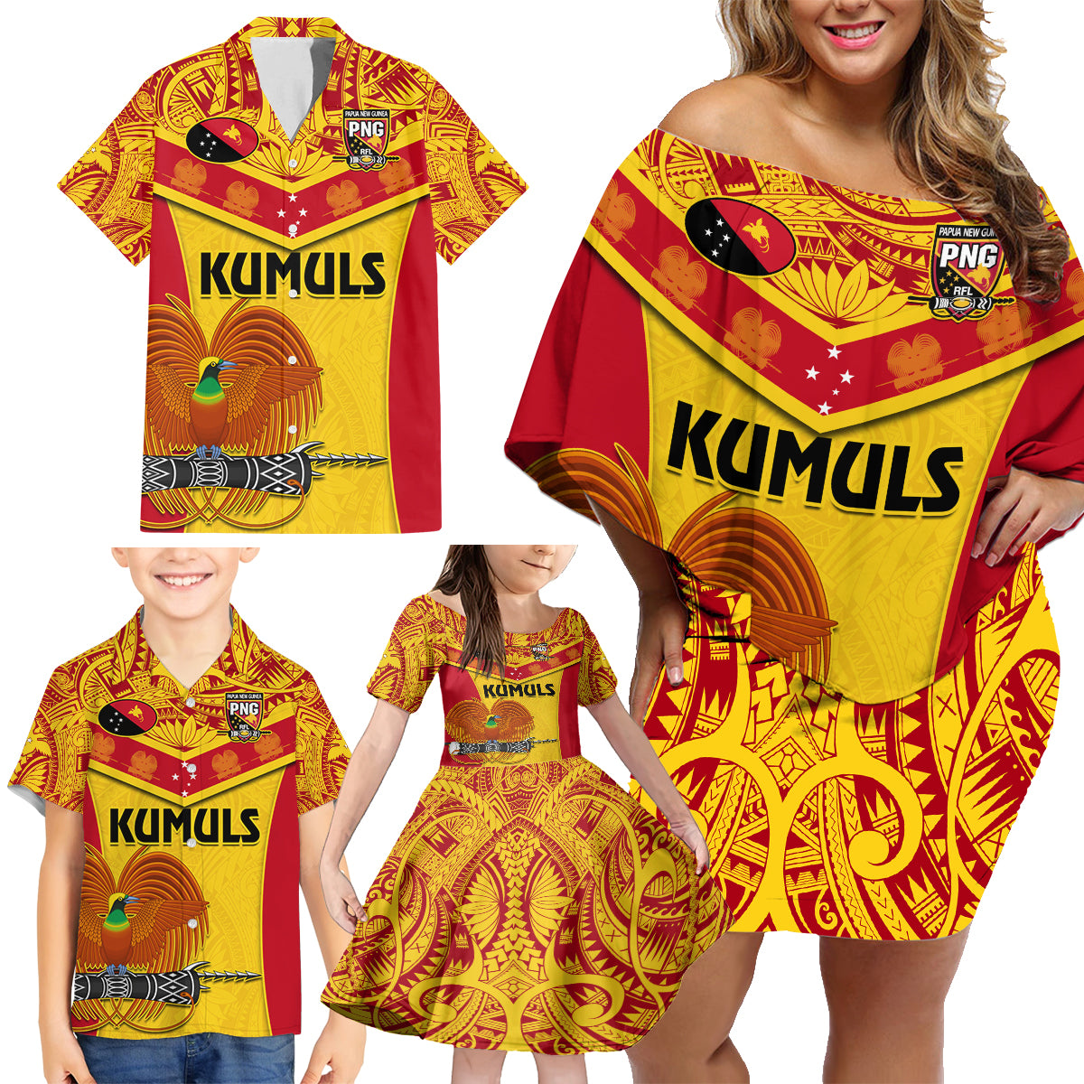Custom Papua New Guinea Rugby Family Matching Off Shoulder Short Dress and Hawaiian Shirt 2023 Go Kumuls Pacific Dynamic Style LT14 - Polynesian Pride