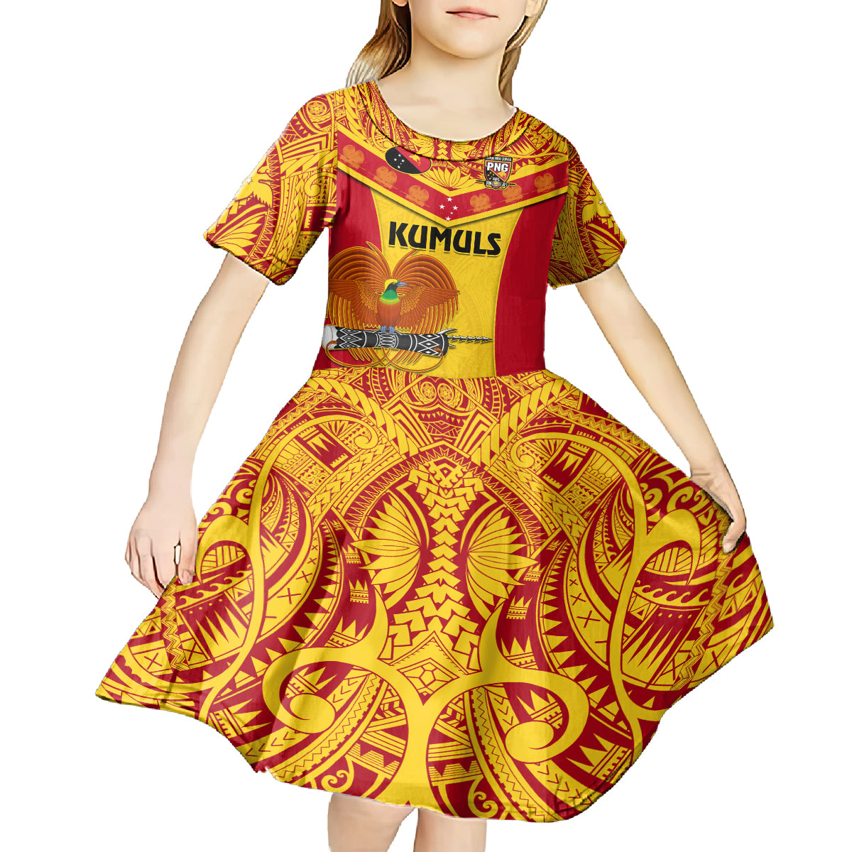 Custom Papua New Guinea Rugby Kid Short Sleeve Dress 2023 Go Kumuls Pacific Dynamic Style LT14 - Polynesian Pride