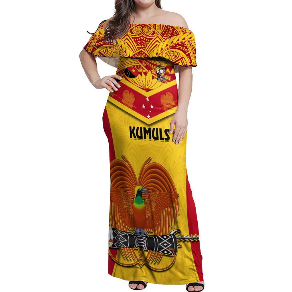 Custom Papua New Guinea Rugby Off Shoulder Maxi Dress 2023 Go Kumuls Pacific Dynamic Style LT14 Women Yellow - Polynesian Pride