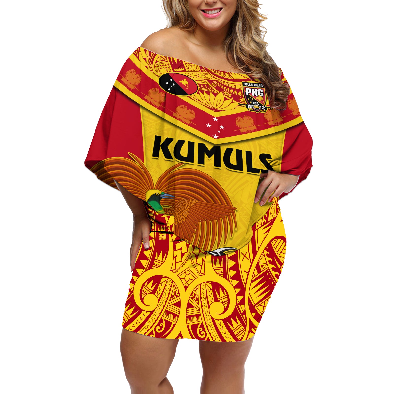 Custom Papua New Guinea Rugby Off Shoulder Short Dress 2023 Go Kumuls Pacific Dynamic Style LT14 Women Yellow - Polynesian Pride