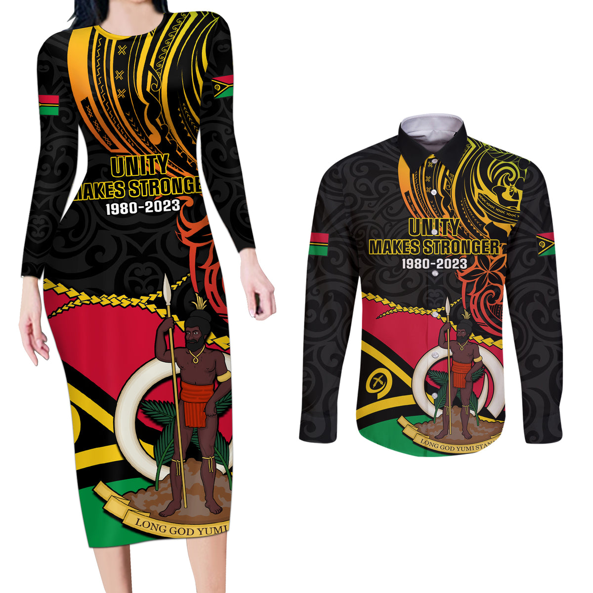 Personalised Vanuatu Unity Day Couples Matching Long Sleeve Bodycon Dress and Long Sleeve Button Shirt 29 November Coat Of Arms With Flag Style LT14 Black - Polynesian Pride