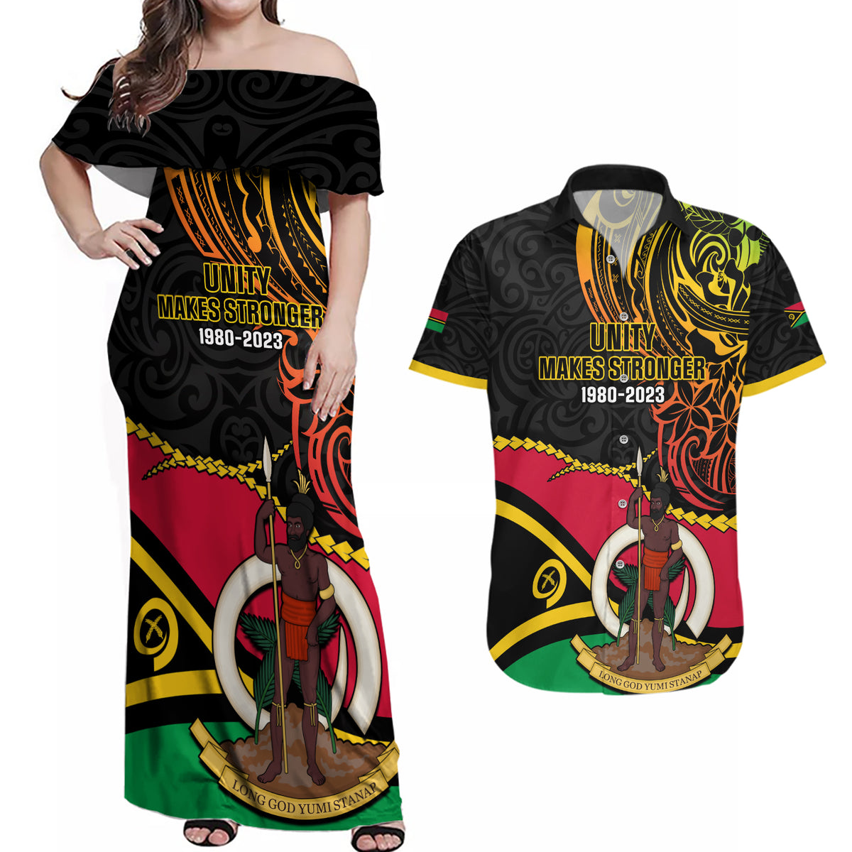 Personalised Vanuatu Unity Day Couples Matching Off Shoulder Maxi Dress and Hawaiian Shirt 29 November Coat Of Arms With Flag Style LT14 Black - Polynesian Pride