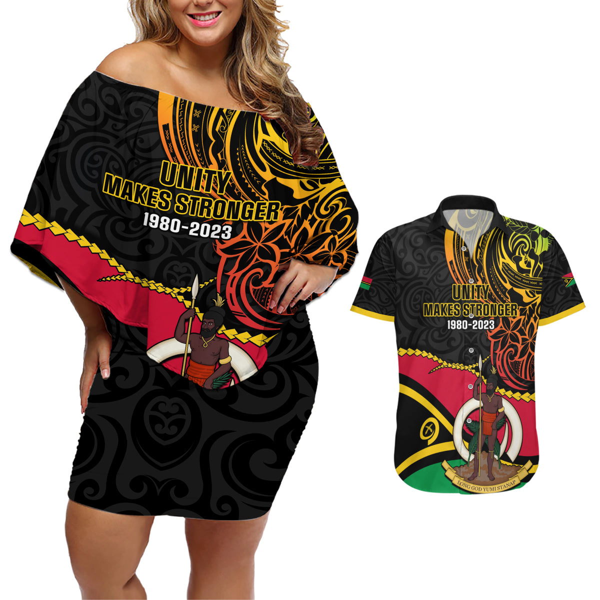 Personalised Vanuatu Unity Day Couples Matching Off Shoulder Short Dress and Hawaiian Shirt 29 November Coat Of Arms With Flag Style LT14 Black - Polynesian Pride