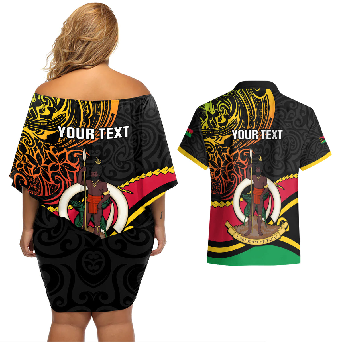 Personalised Vanuatu Unity Day Couples Matching Off Shoulder Short Dress and Hawaiian Shirt 29 November Coat Of Arms With Flag Style LT14 - Polynesian Pride