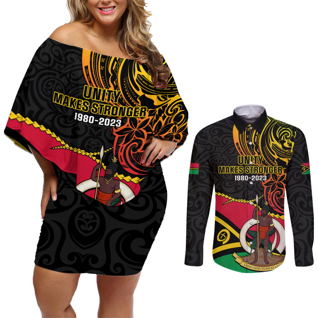 Personalised Vanuatu Unity Day Couples Matching Off Shoulder Short Dress and Long Sleeve Button Shirt 29 November Coat Of Arms With Flag Style LT14 Black - Polynesian Pride