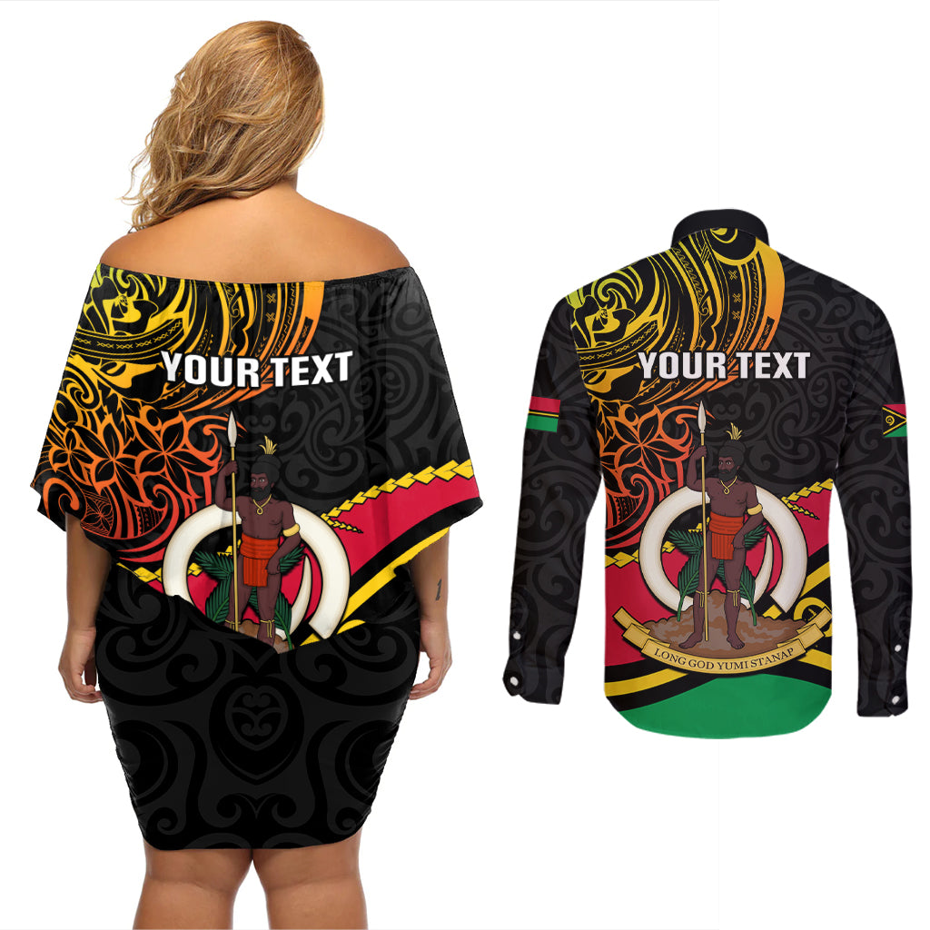 Personalised Vanuatu Unity Day Couples Matching Off Shoulder Short Dress and Long Sleeve Button Shirt 29 November Coat Of Arms With Flag Style LT14 - Polynesian Pride