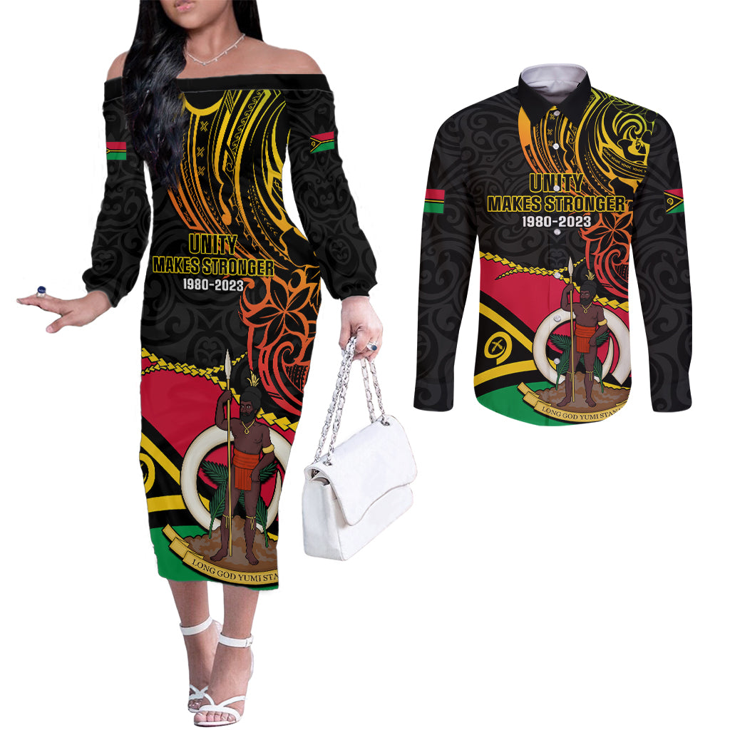 Personalised Vanuatu Unity Day Couples Matching Off The Shoulder Long Sleeve Dress and Long Sleeve Button Shirt 29 November Coat Of Arms With Flag Style LT14 Black - Polynesian Pride