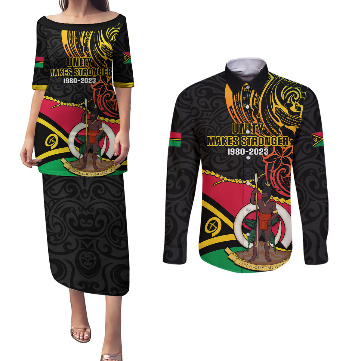 Personalised Vanuatu Unity Day Couples Matching Puletasi Dress and Long Sleeve Button Shirt 29 November Coat Of Arms With Flag Style LT14 Black - Polynesian Pride