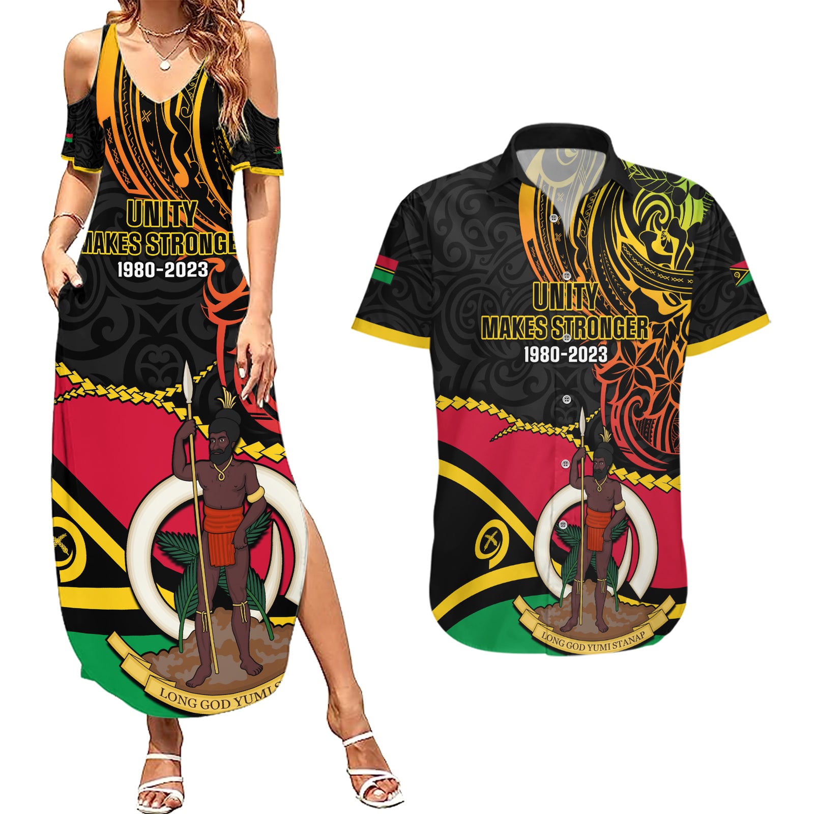 Personalised Vanuatu Unity Day Couples Matching Summer Maxi Dress and Hawaiian Shirt 29 November Coat Of Arms With Flag Style LT14 Black - Polynesian Pride
