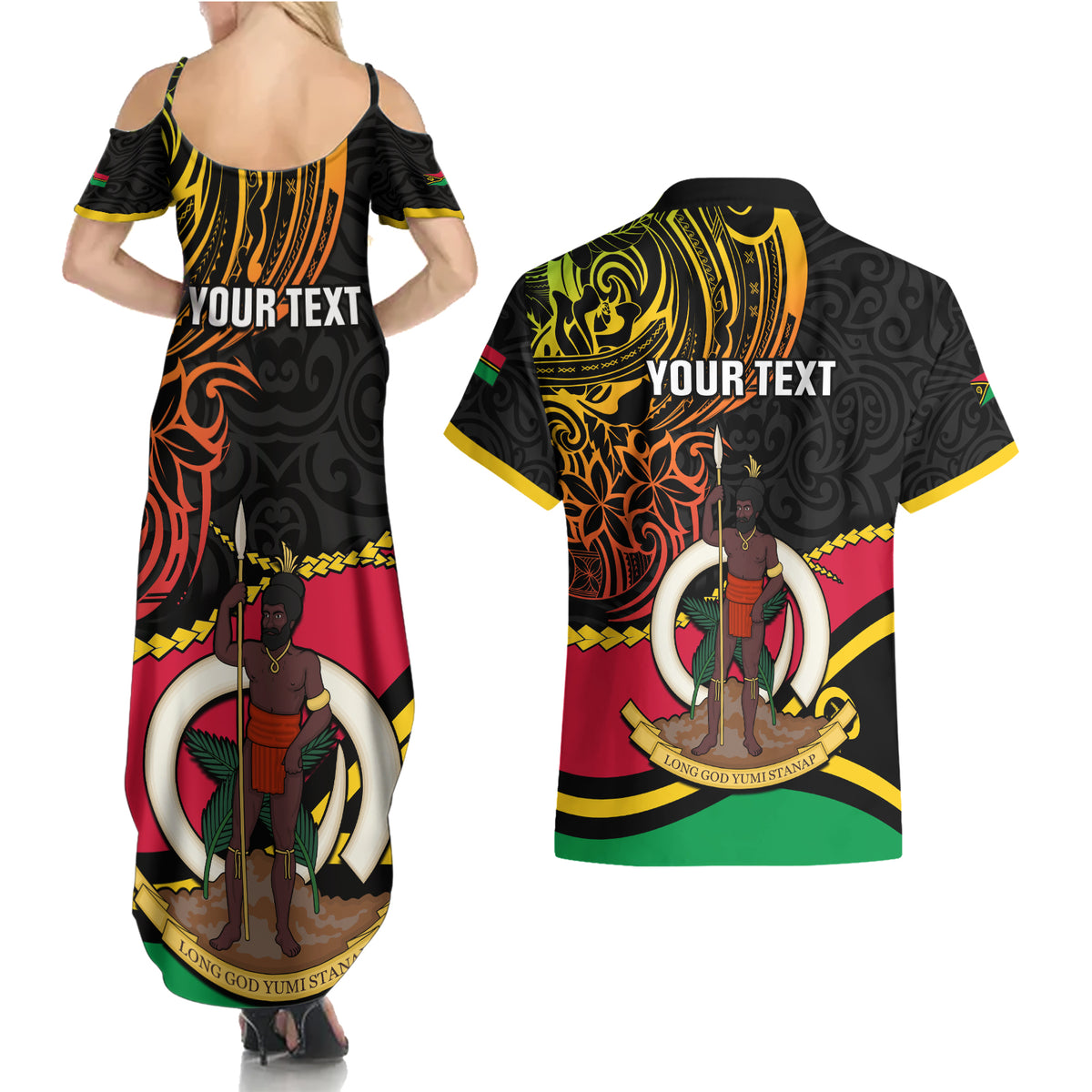 Personalised Vanuatu Unity Day Couples Matching Summer Maxi Dress and Hawaiian Shirt 29 November Coat Of Arms With Flag Style LT14 - Polynesian Pride
