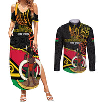 Personalised Vanuatu Unity Day Couples Matching Summer Maxi Dress and Long Sleeve Button Shirt 29 November Coat Of Arms With Flag Style LT14 Black - Polynesian Pride