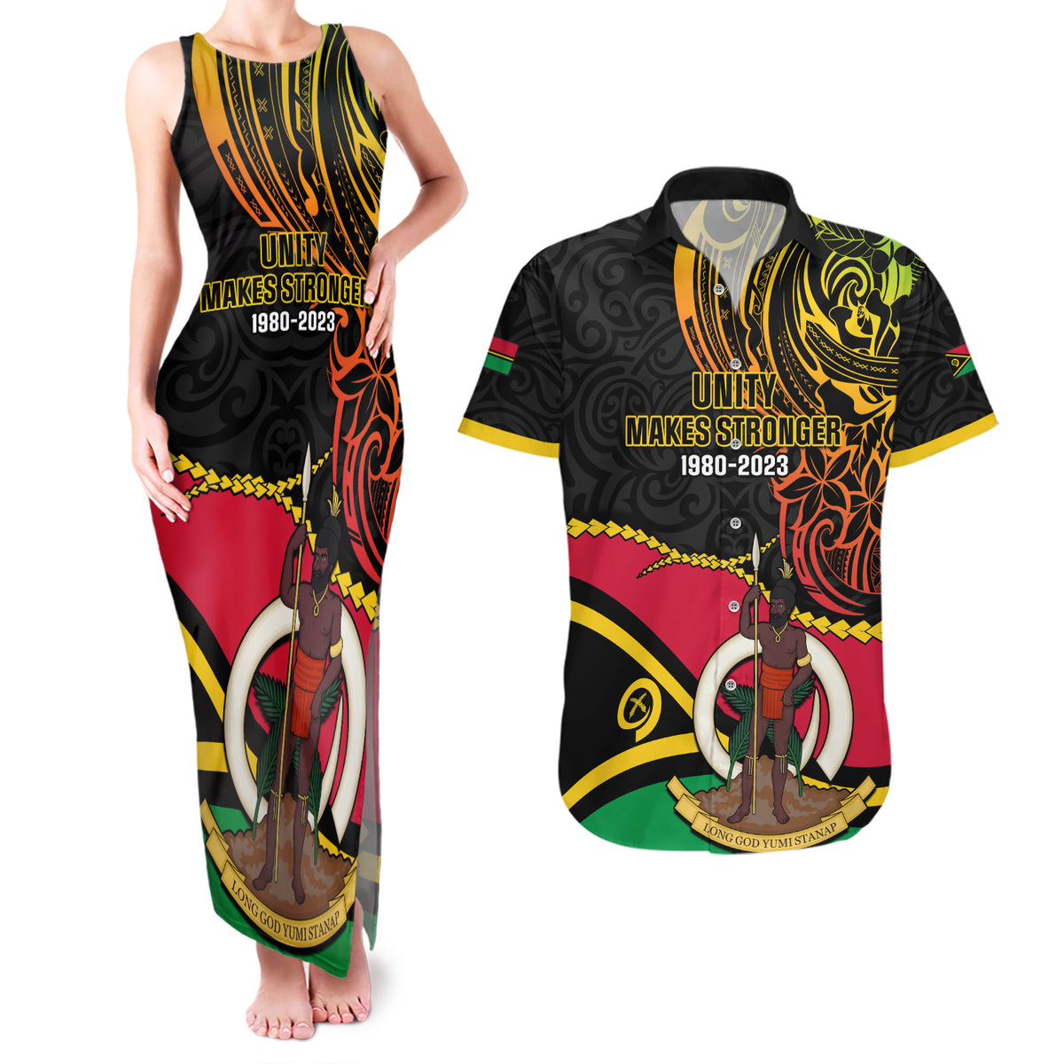 Personalised Vanuatu Unity Day Couples Matching Tank Maxi Dress and Hawaiian Shirt 29 November Coat Of Arms With Flag Style LT14 Black - Polynesian Pride