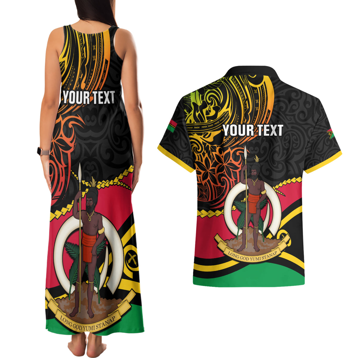 Personalised Vanuatu Unity Day Couples Matching Tank Maxi Dress and Hawaiian Shirt 29 November Coat Of Arms With Flag Style LT14 - Polynesian Pride