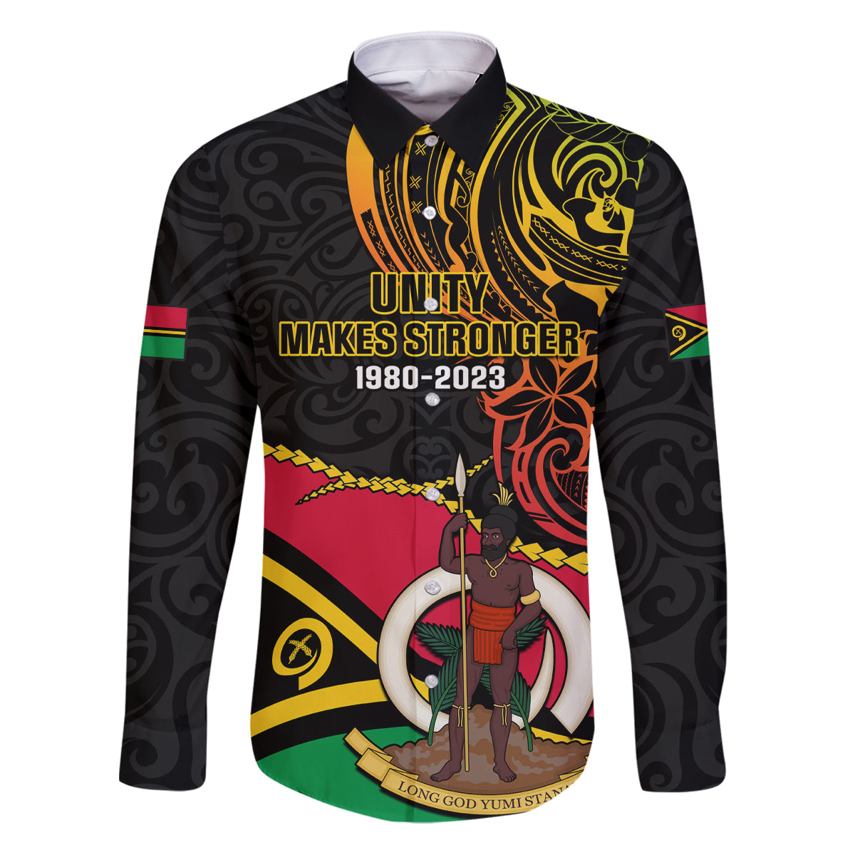 Personalised Vanuatu Unity Day Family Matching Puletasi Dress and Hawaiian Shirt 29 November Coat Of Arms With Flag Style LT14 Dad's Shirt - Long Sleeve Black - Polynesian Pride